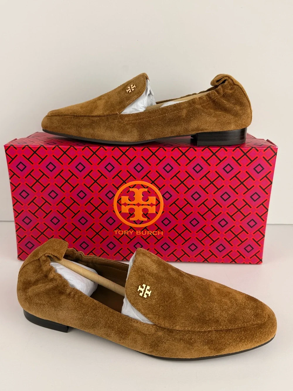 Tory Burch Kira 20mm Elastic Loafers Rhum Brown Suede Slip On Flats Size 6